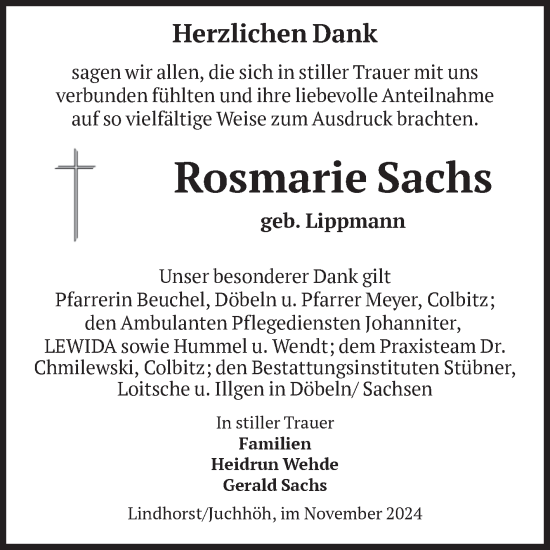 Traueranzeige von Rosmarie Sachs von Volksstimme Haldensleben/Wolmirstedt