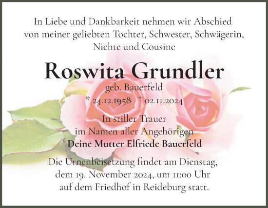 Traueranzeige von Roswita Grundler von Mitteldeutsche Zeitung Halle/Saalkreis