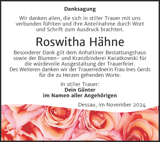 Traueranzeige von Roswitha Hähne von Trauerkombi Dessau