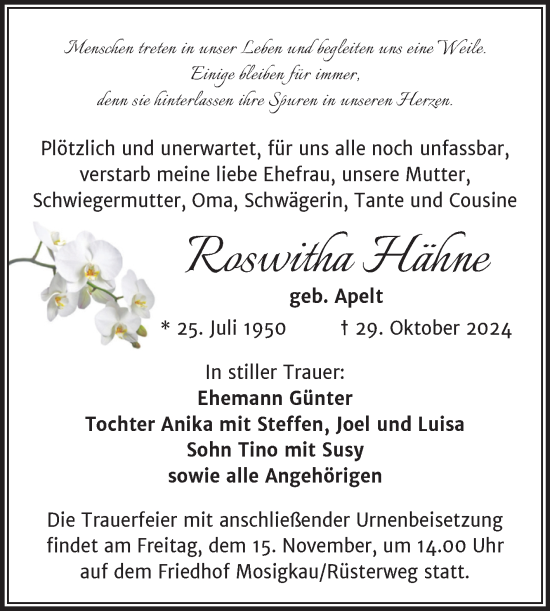 Traueranzeige von Roswitha Hähne von Trauerkombi Dessau
