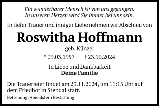 Traueranzeige von Roswitha Hoffmann von Volksstimme Altmark Ost