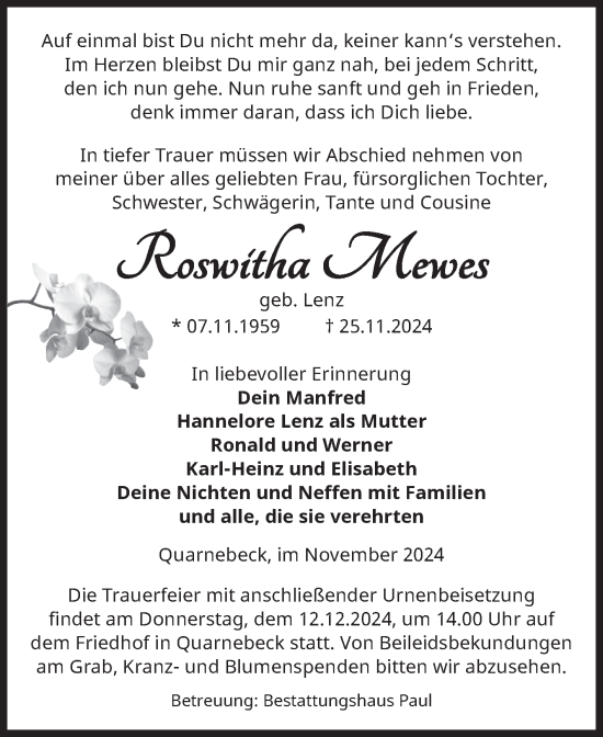 Traueranzeige von Roswitha Mewes von Volksstimme Altmark West