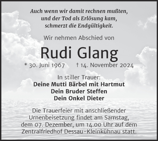 Traueranzeige von Rudi Glang von Trauerkombi Dessau