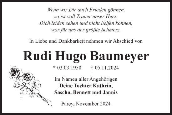 Traueranzeige von Rudi Hugo Baumeyer von Volksstimme Burg/Genthin