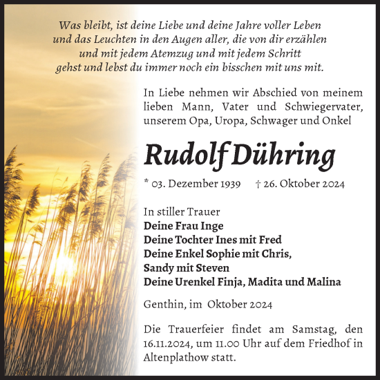 Traueranzeige von Rudolf Dühring von Volksstimme Burg/Genthin