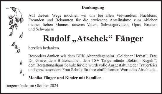 Traueranzeige von Rudolf Fänger von Volksstimme Altmark Ost