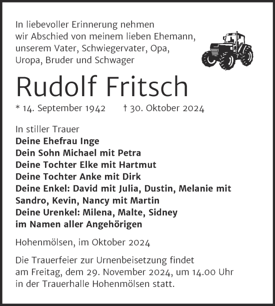 Traueranzeige von Rudolf Fritsch von Trauerkombi Weißenfels