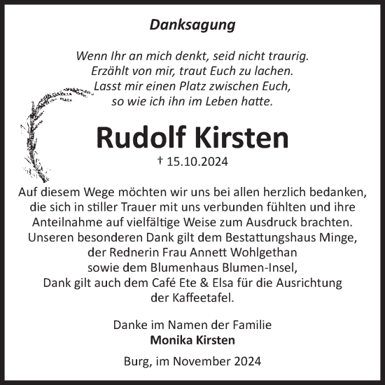 Traueranzeige von Rudolf Kirsten von Volksstimme Burg/Genthin