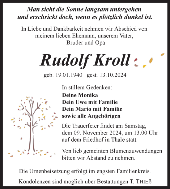 Traueranzeige von Rudolf Kroll von Trauerkombi Quedlinburg