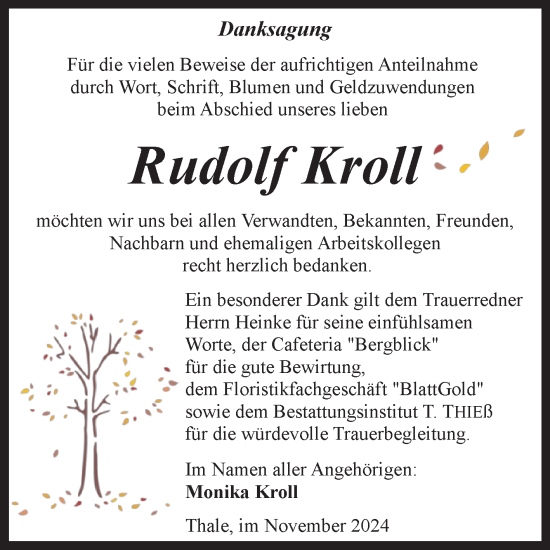 Traueranzeige von Rudolf Kroll von Trauerkombi Quedlinburg
