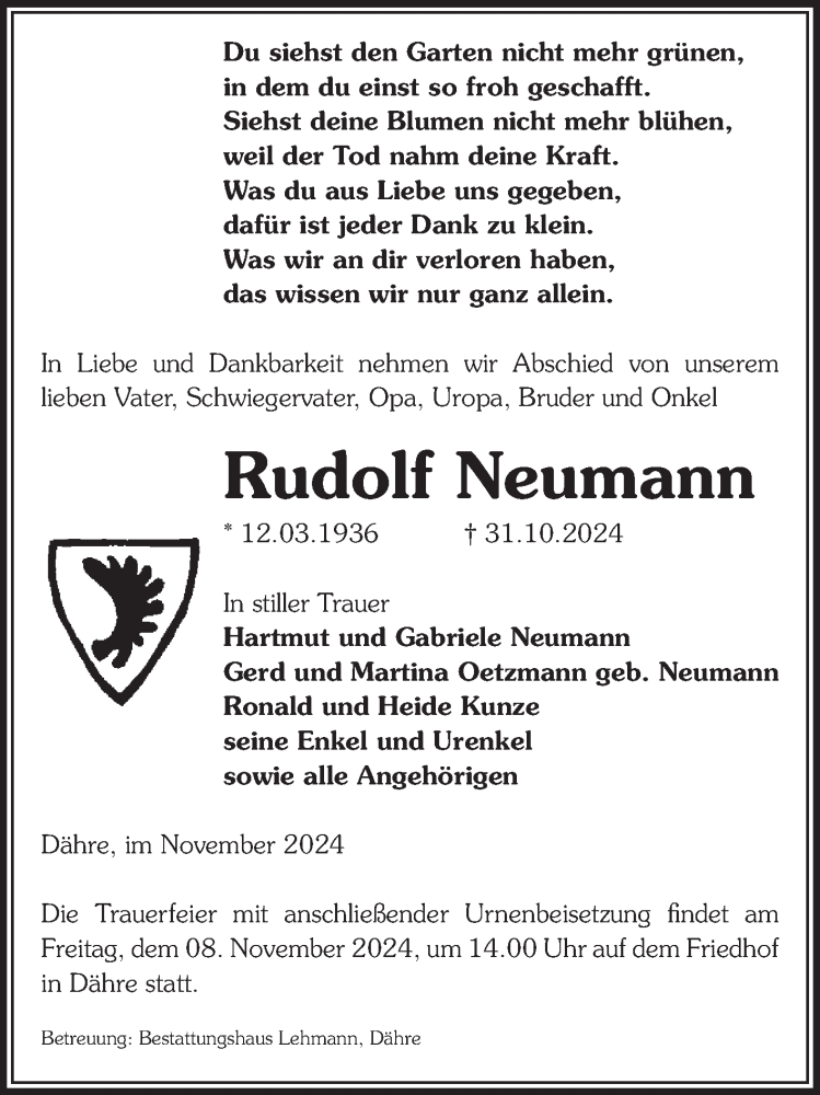  Traueranzeige für Rudolf Neumann vom 05.11.2024 aus Volksstimme Altmark West