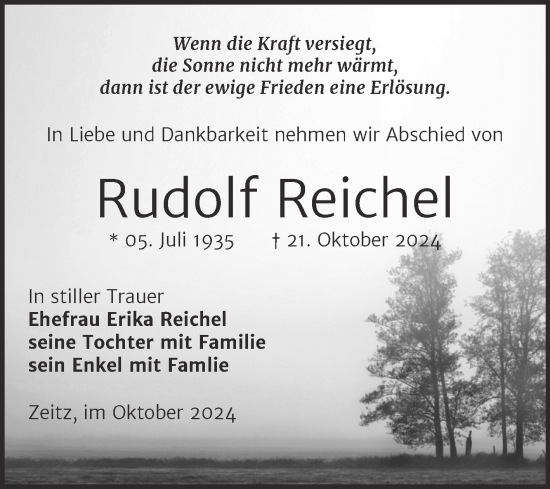 Traueranzeige von Rudolf Reichel von Trauerkombi Zeitz