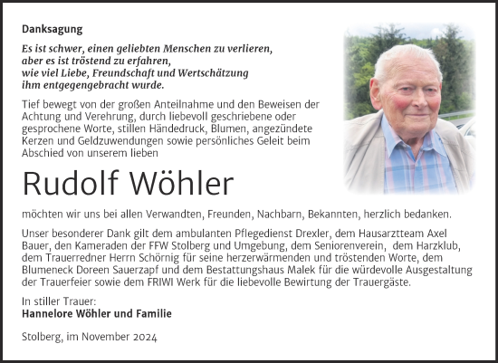 Traueranzeige von Rudolf Wöhler von Trauerkombi Sangerhausen