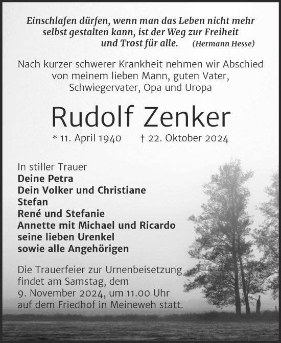 Traueranzeige von Rudolf Zenker von Trauerkombi Zeitz