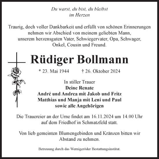 Traueranzeige von Rüdiger Bollmann von Volksstimme Wernigerode