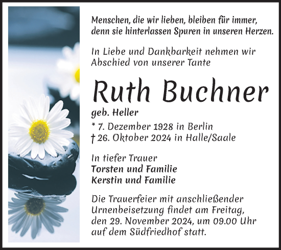 Traueranzeige von Ruth Buchner von Mitteldeutsche Zeitung Halle/Saalkreis