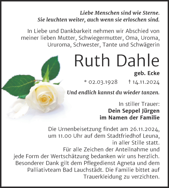 Traueranzeige von Ruth Dahle von Trauerkombi Merseburg