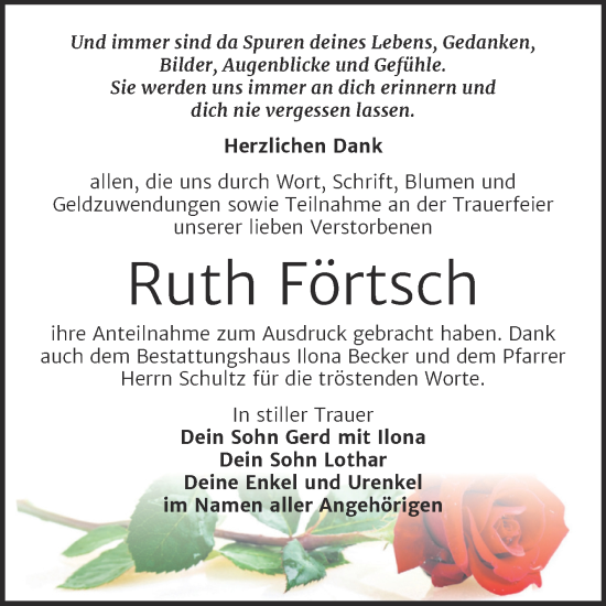 Traueranzeige von Ruth Förtsch von Trauerkombi Sangerhausen