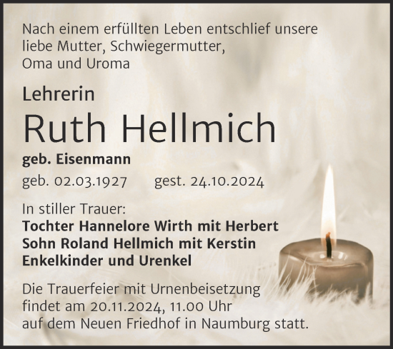 Traueranzeige von Ruth Hellmich von Naumburger Tageblatt