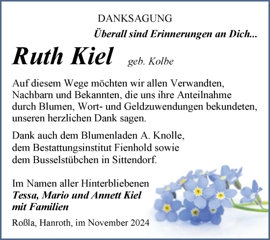 Traueranzeige von Ruth Kiel von Trauerkombi Sangerhausen