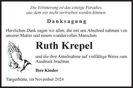 Traueranzeige von Ruth Krepel von Volksstimme Altmark Ost