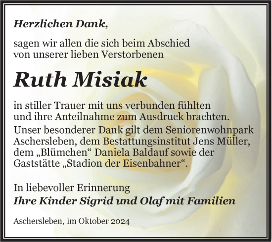 Traueranzeige von Ruth Misiak von Trauerkombi Aschersleben