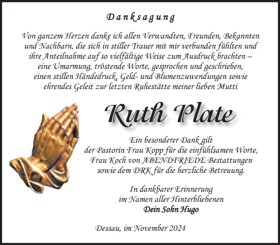 Traueranzeige von Ruth Plate von Volksstimme Haldensleben/Wolmirstedt