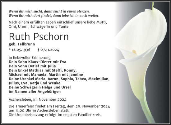 Traueranzeige von Ruth Pschorn von Trauerkombi Aschersleben