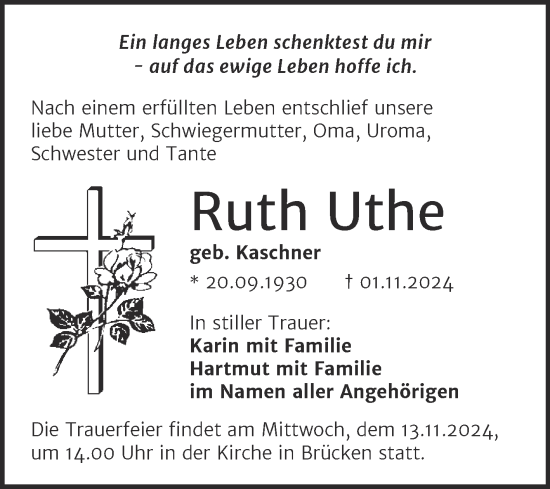 Traueranzeige von Ruth Uthe von Trauerkombi Sangerhausen