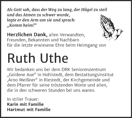 Traueranzeige von Ruth Uthe von Trauerkombi Sangerhausen