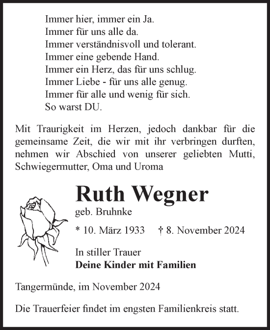 Traueranzeige von Ruth Wegner von Volksstimme Altmark Ost