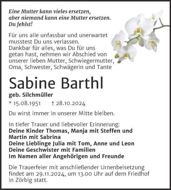 Traueranzeige von Sabine Barthl von Trauerkombi Bitterfeld