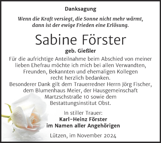 Traueranzeige von Sabine Förster von Trauerkombi Weißenfels