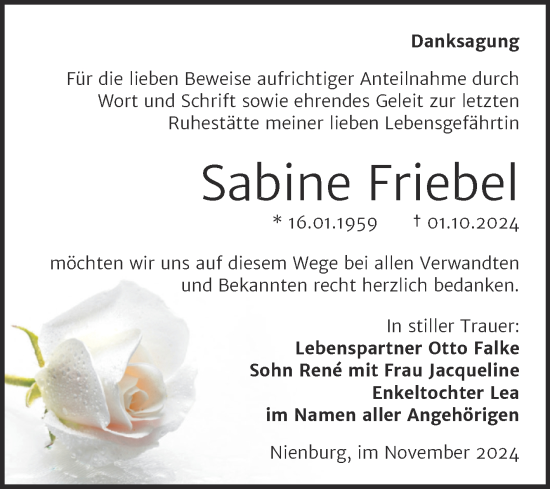 Traueranzeige von Sabine Friebel von Trauerkombi Bernburg