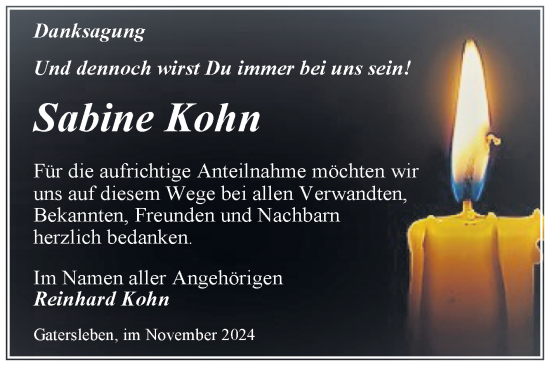 Traueranzeige von Sabine Kohn von Trauerkombi Aschersleben