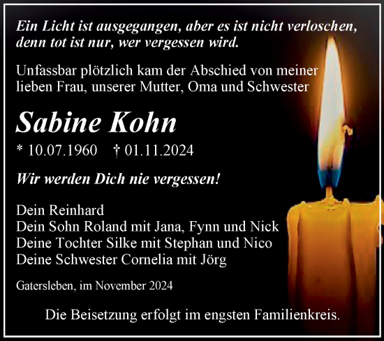 Traueranzeige von Sabine Kohn von Trauerkombi Aschersleben