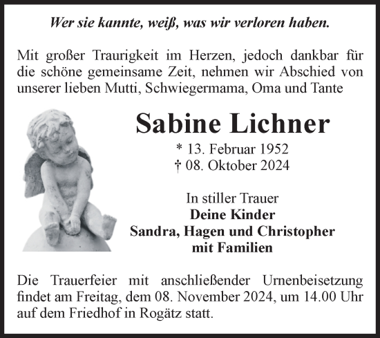 Traueranzeige von Sabine Lichner von Volksstimme Haldensleben/Wolmirstedt