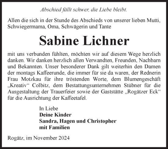 Traueranzeige von Sabine Lichner von Volksstimme Haldensleben/Wolmirstedt