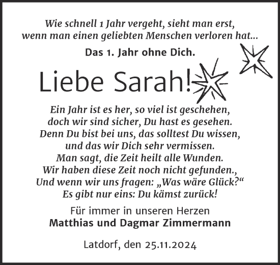 Traueranzeige von Sarah  von Trauerkombi Bernburg