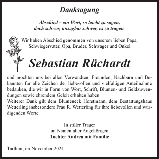 Traueranzeige von Sebastian Rüchardt von Volksstimme Staßfurt