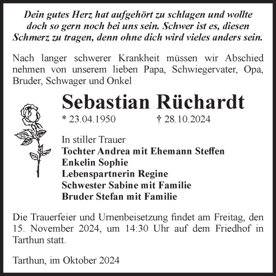 Traueranzeige von Sebastian Rüchardt von Volksstimme Staßfurt