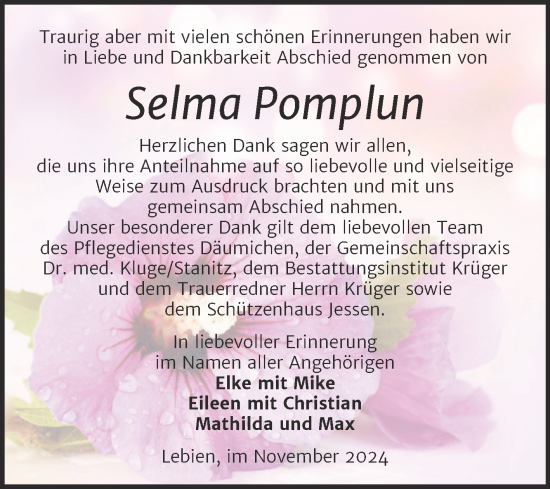 Traueranzeige von Selma Pomplun von Trauerkombi Wittenberg