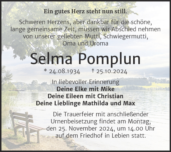 Traueranzeige von Selma Pomplun von Super Sonntag Wittenberg
