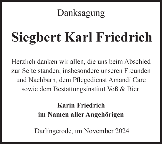 Traueranzeige von Siegbert Karl Friedrich von Volksstimme Wernigerode