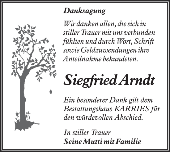 Traueranzeige von Siegfried Arndt von Trauerkombi Quedlinburg