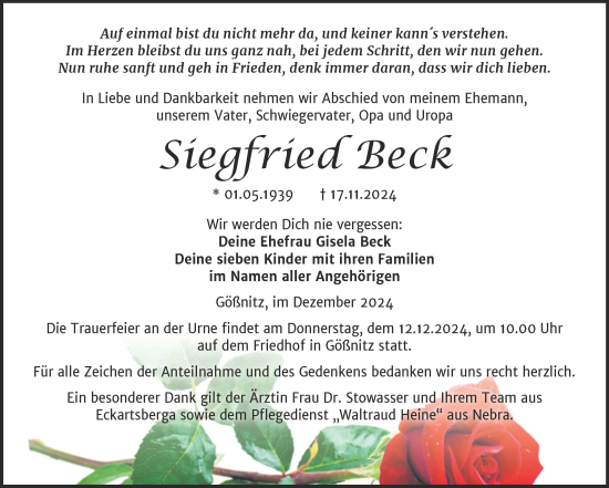 Traueranzeige von Siegfried Beck von Super Sonntag Naumburg/Nebra