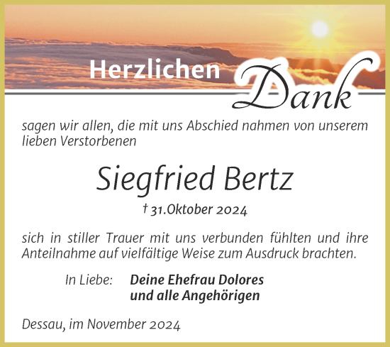 Traueranzeige von Siegfried Bertz von Trauerkombi Dessau