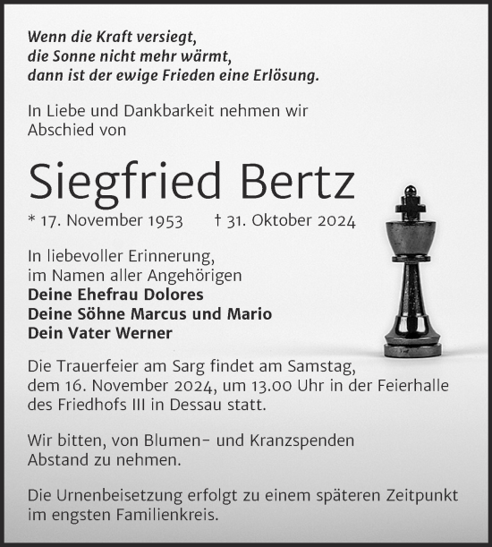 Traueranzeige von Siegfried Bertz von Trauerkombi Dessau