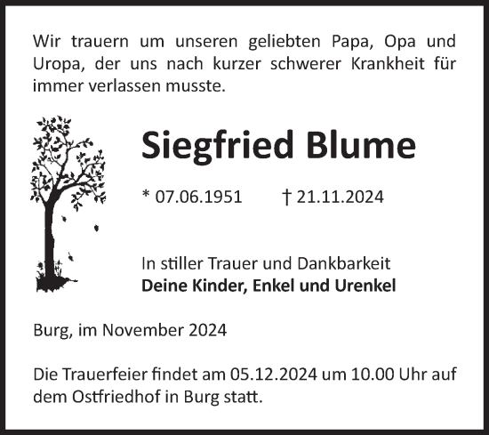 Traueranzeige von Siegfried Blume von Volksstimme Burg/Genthin