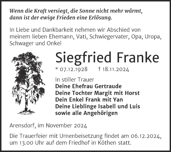Traueranzeige von Siegfried Franke von Trauerkombi Köthen